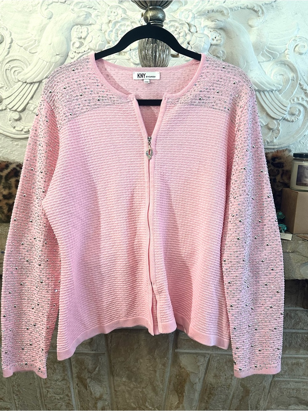Kny by Kourosh  Pink ribbed Zip-Front Embellished bling Women’s Sweater 16